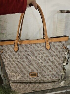 Guess Beige Monogram Tote with Tan Leather Trim